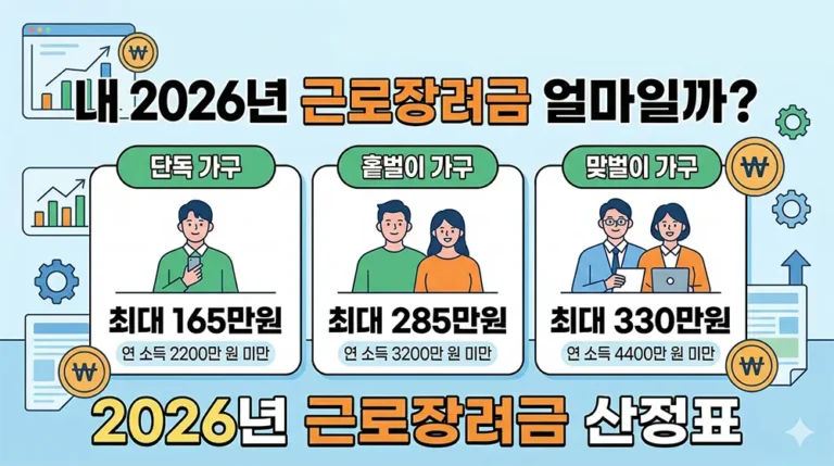 2026년 근로장려금 가구 유형별 소득 요건 및 최대 지급액 안내 이미지 (단독 165만, 홑벌이 285만, 맞벌이 330만 원)