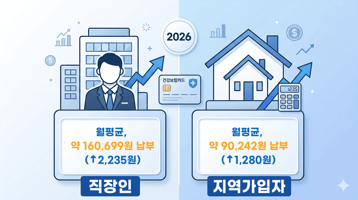 2026년 개정된 직장가입자와 지역가입자 건강보험료 인상액 비교 요약 인포그래픽