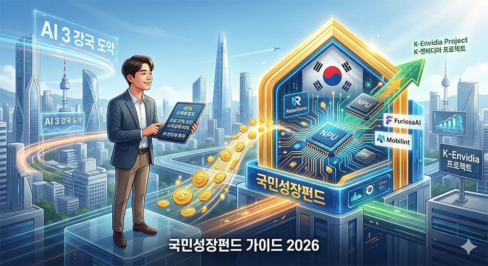 2026년 국민성장펀드 가입 혜택인 40% 소득공제와 정부의 20% 손실 보전 구조를 설명하는 인포그래픽