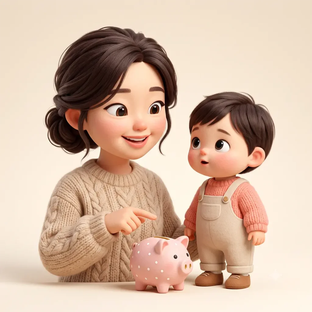 A 3D rendered Korean mother and child character with soft felt texture, looking at a piggy bank and simple upward stock growth visual with a relieved smile.