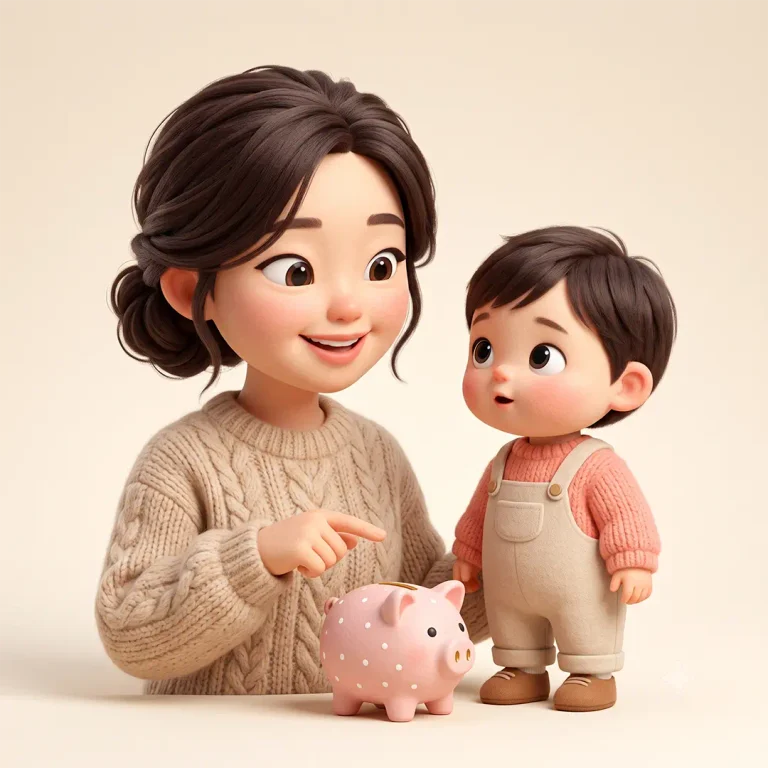 A 3D rendered Korean mother and child character with soft felt texture, looking at a piggy bank and simple upward stock growth visual with a relieved smile.