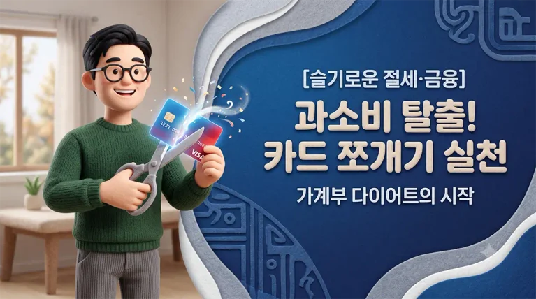 신용카드를 가위로 잘라내며 웃고 있는 3D 픽사 스타일의 한국인 남성 캐릭터 이미지