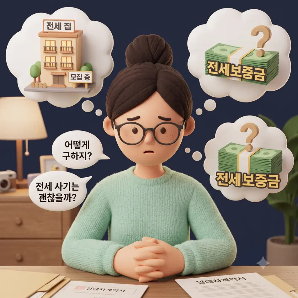 3D rendered illustration of a young Korean woman character thinking about a house inside a thought bubble for jeonse guarantee refund support.