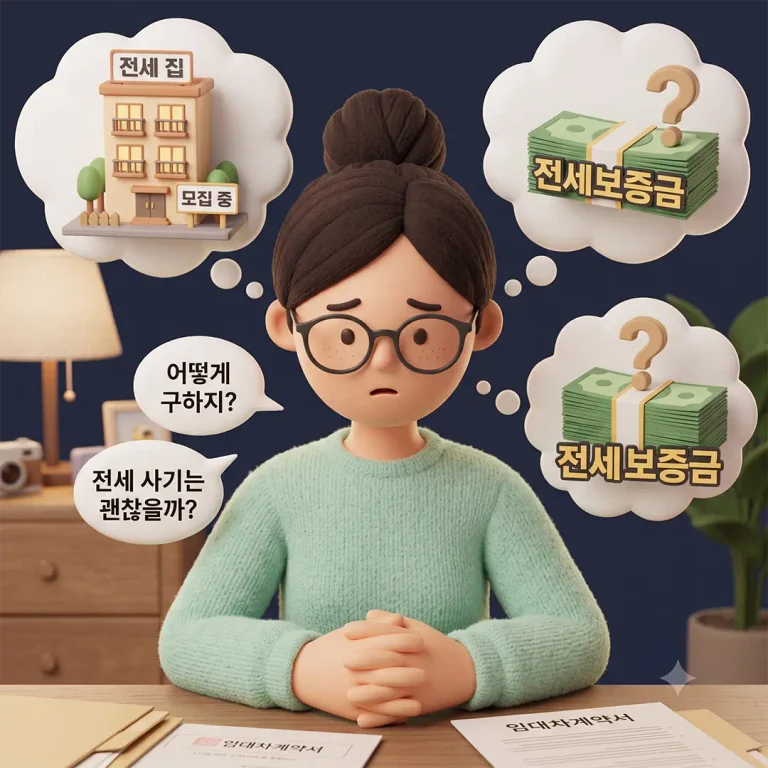 3D rendered illustration of a young Korean woman character thinking about a house inside a thought bubble for jeonse guarantee refund support.