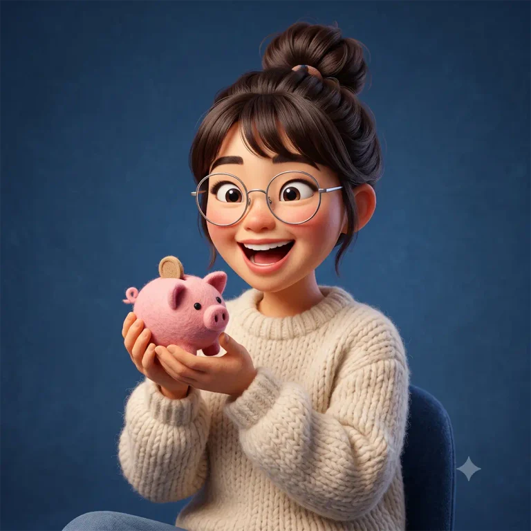 3D rendered Korean woman character with glasses surprised and happy about ISA pension transfer tax credit