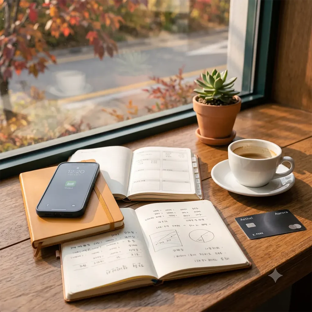 Financial planner, notebook, coffee cup, and smartphone on a cozy wooden table for year-end tax planning